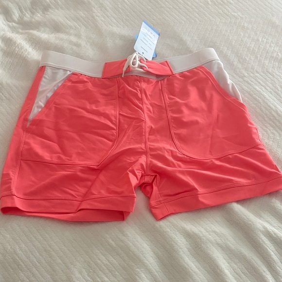 None Other - Vibrant Coral Athletic Shorts with White Waistband